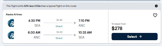 Seattle to Anchorage flight example, $278 round-trip