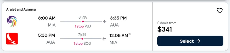 Miami to Aruba flight example, $341 round-trip