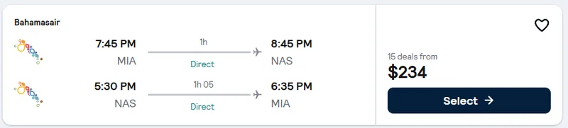 Miami to Nassau Bahamas flight example, $234 round-trip