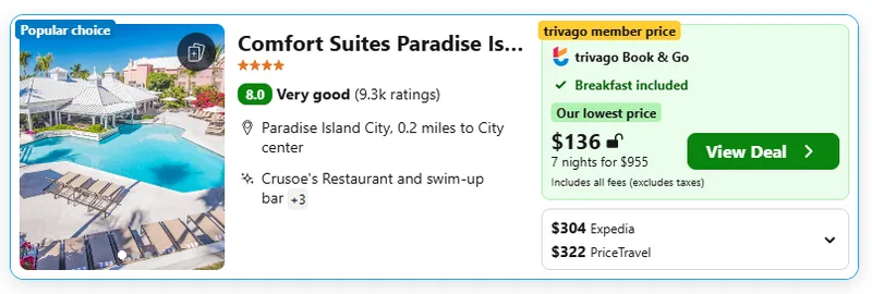 Comfort Suites Paradise Island example, $136 per night