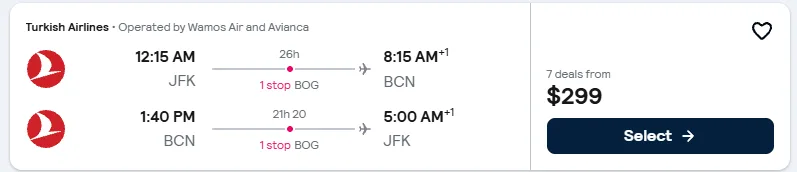 New York to Barcelona flight example, $299 round-trip