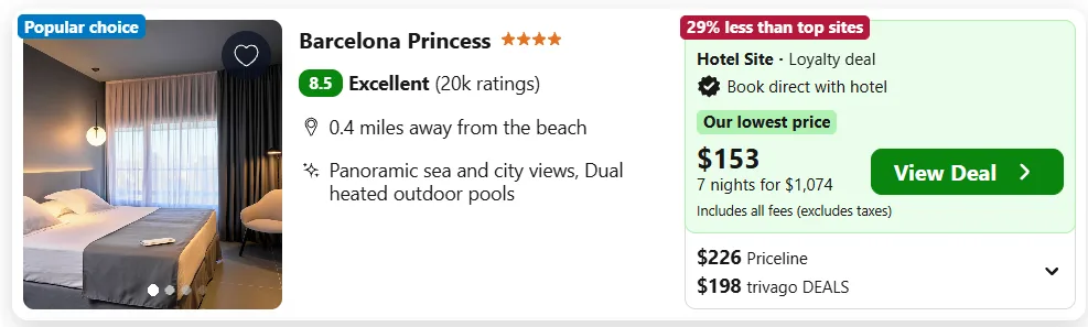 Barcelona Princess hotel example, $153 per night