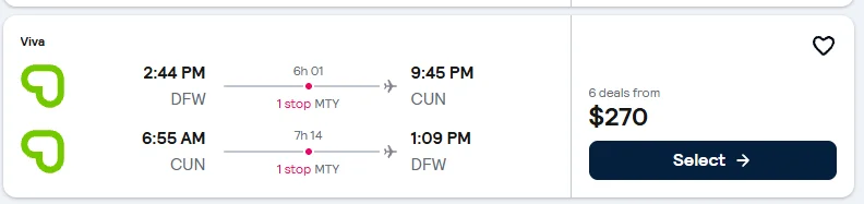 Dallas to Cancun flight example, $270 round-trip