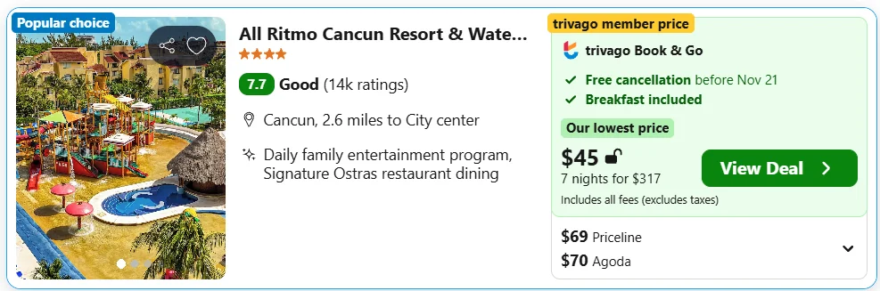 All Ritmo Cancun Resort & Waterpark example, $45 per night