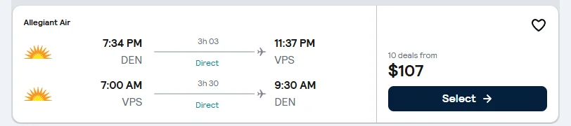 Denver to Destin-Fort Walton Beach flight example, $107 round-trip
