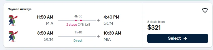 Miami to Grand Cayman flight example, $321 round-trip