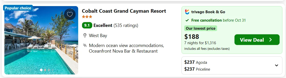 Cobalt Coast Grand Cayman Resort example, $188 per night