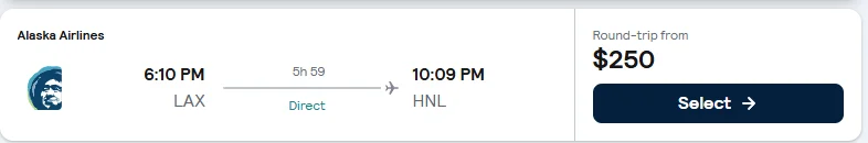 Los Angeles to Honolulu nonstop flight example, $250 round-trip