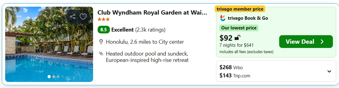Club Wyndham Royal Garden at Waikiki example, $92 per night