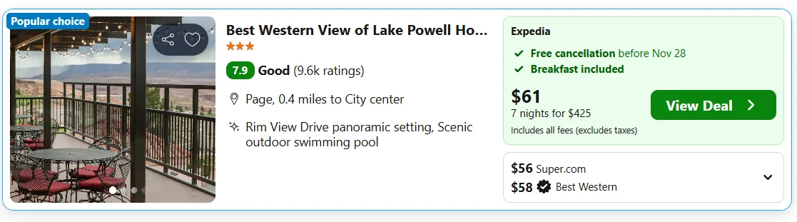 Best Western View of Lake Powell example, $61 per night