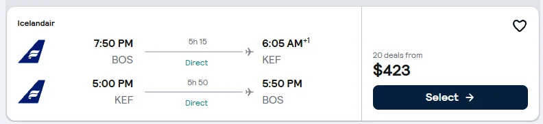 Boston to Reykjavik flight example, $423 round-trip