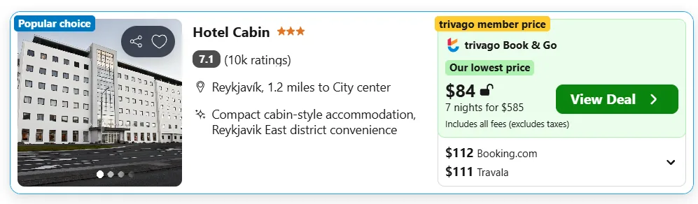 Hotel Cabin, Reykjavik, example rate $84 per night