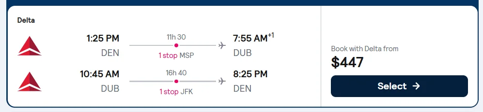Denver to Dublin flight example, $447 round-trip