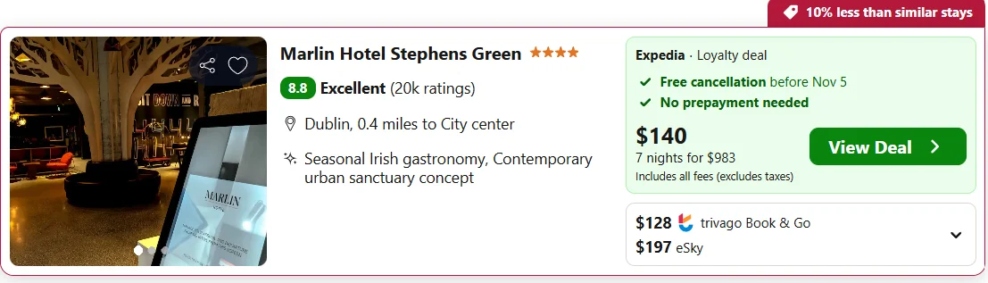 Marlin Hotel Stephens Green example, $128 per night