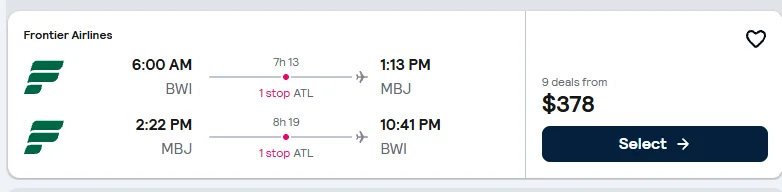Baltimore to Montego Bay flight example, $378 round-trip