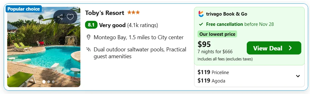 Toby's Resort, Montego Bay, example rate $95 per night
