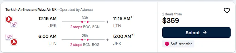 New York to London flight example, $359 round-trip