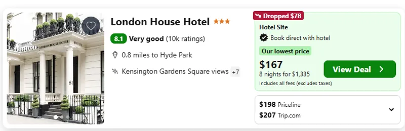 London House Hotel example, $167 per night