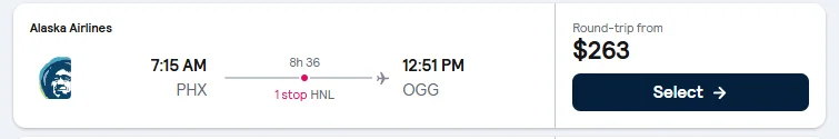 Phoenix to Maui flight example, $263 round-trip