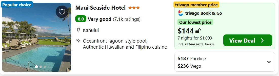 Maui Seaside Hotel example, $144 per night