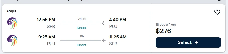 Orlando Sanford to Punta Cana flight example, $276 round-trip