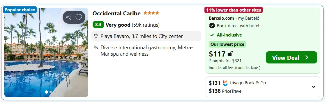 Occidental Caribe all-inclusive resort example, $117 per night