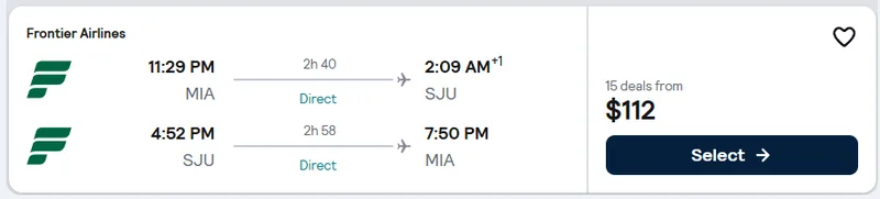 Miami to San Juan flight example, $112 round-trip