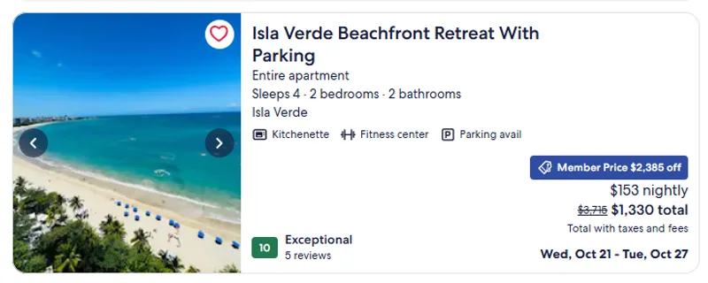 San Juan hotel example, $153 per night