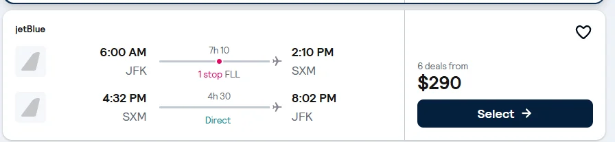 New York to Sint Maarten flight example, $290 round-trip