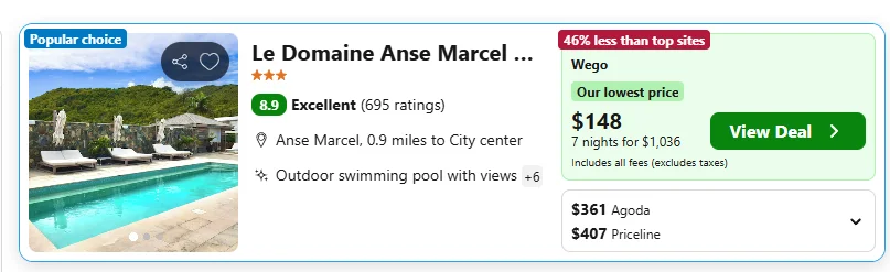 Le Domaine Anse Marcel hotel example, $148 per night