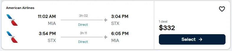 Miami to St. Croix flight example, $332 round-trip