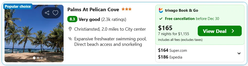 Palms at Pelican Cove, St. Croix, example rate $165 per night