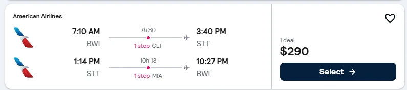 American Airlines Baltimore to St. Thomas flight example, $290 round-trip