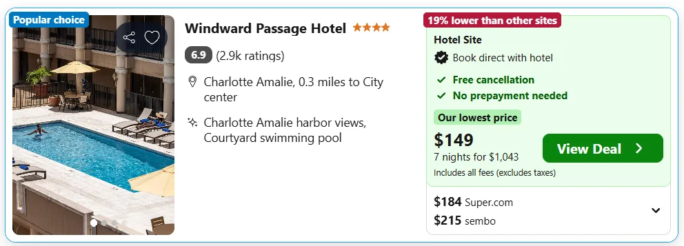 Windward Passage Hotel, St. Thomas, example rate $149 per night