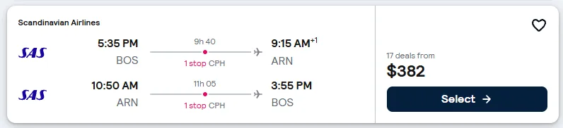 Boston to Stockholm flight example, $382 round-trip