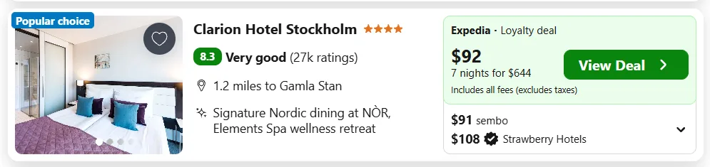 Clarion Hotel Stockholm example, $92 per night