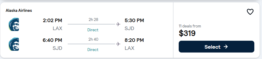 Alaska Airlines Los Angeles to Cabo San Lucas flight example, $319 round-trip