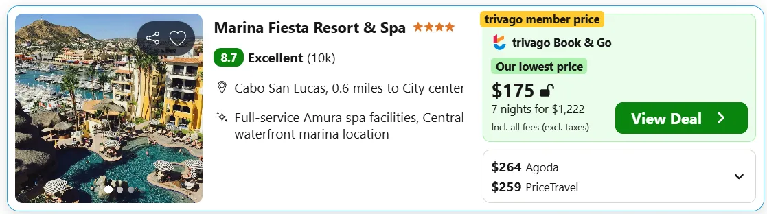Marina Fiesta Resort & Spa, Cabo San Lucas, example rate $175 per night