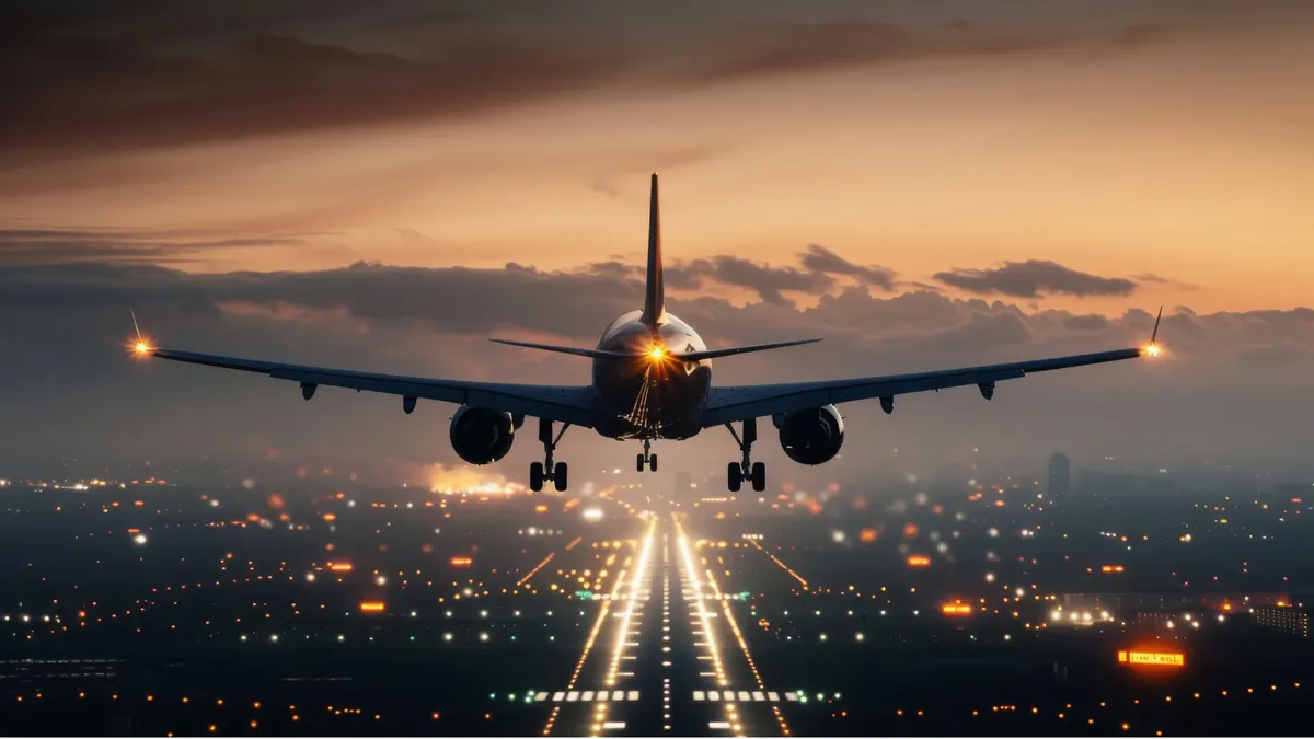 Airplane taking off at dusk over a city runway — common first-trip travel mistakes to avoid